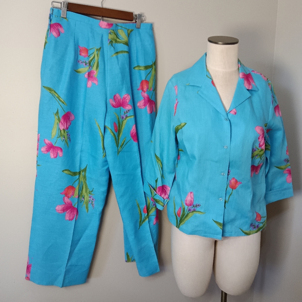 TALBOTS 100% Linen 2pc Set Pants Slacks Shirt Top Teal Blue Pink Floral Sz 10